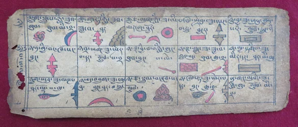 Ersu astrologischer Almanach für die Hälfte des 5. Monats, mit Ersu Shaba Piktogrammen und Erklärungen auf Tibetisch